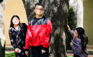 three children stand near tree during daytime