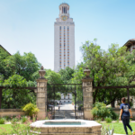 The UT tower and lower gardens on a sunny day.