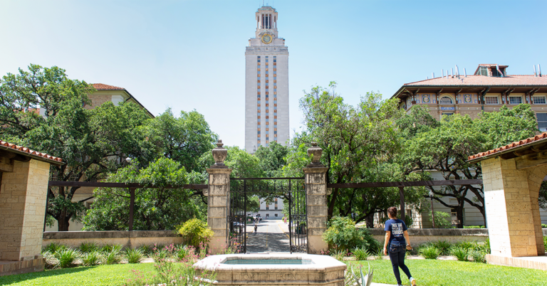 The UT tower and lower gardens on a sunny day.