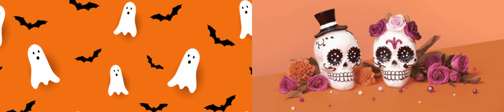 Collage of Halloween background with ghosts/bats and Día de los Muertos candy skulls