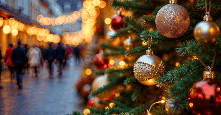 Holiday lights and ornaments are on display on a tree during the holidays, the rest of the busy street is out of focus