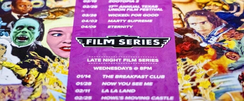 Close-up of a vibrant movie poster collage with classic film characters. Centrally, a purple banner reads "Film Series" and lists movie titles and dates.