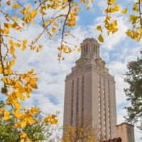 Tower with a clock face framed by golden yellow autumn leaves and a clear sky.