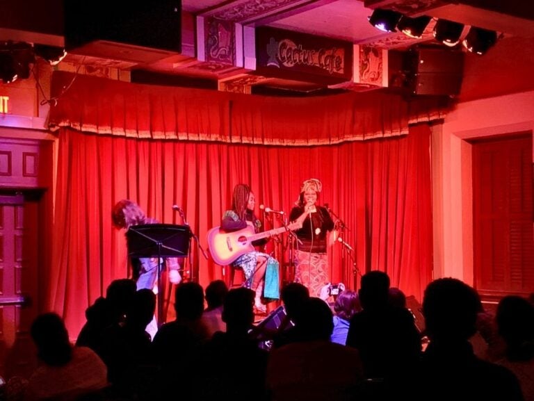 Two musicians perform on stage with red curtains, one playing guitar and the other singing, in a cozy venue filled with an attentive audience.